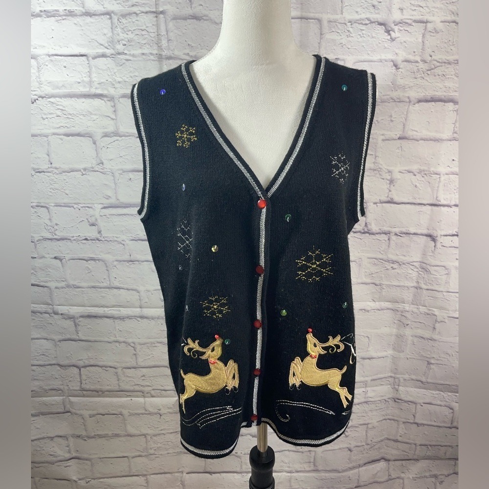 White Stag Womens Black Reindeer Christmas Sweater Vest Sequin Size L 12-14